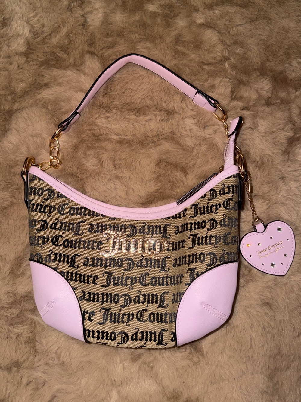 Juicy Couture Pink Trim Logo Canvas Shoulder Bag with Heart Charm
